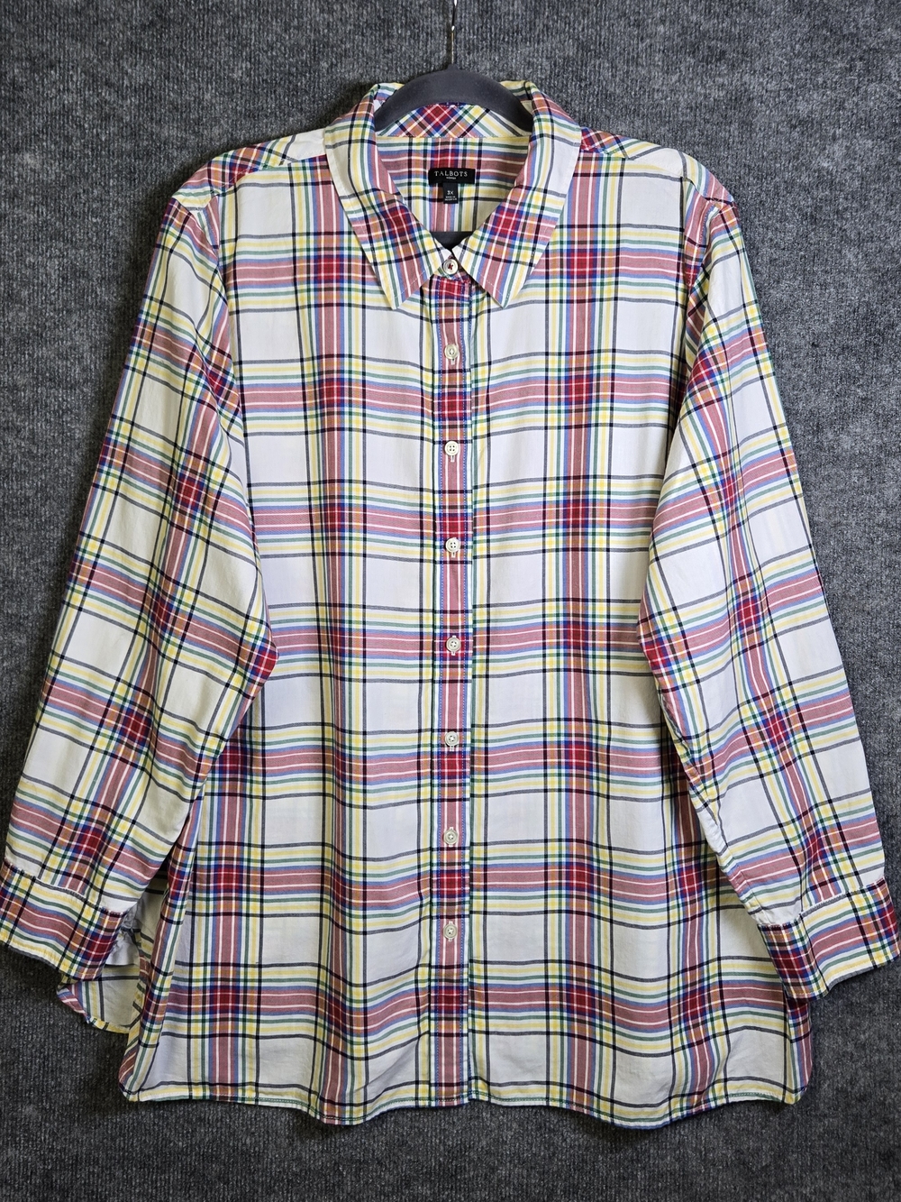 Talbots Top Womens 3X Red Yellow Plaid Cotton Long Sleeve Button Up Everyday